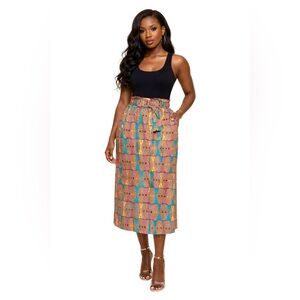 OFUURE Ankara African Print Midi Skirt with Belt L